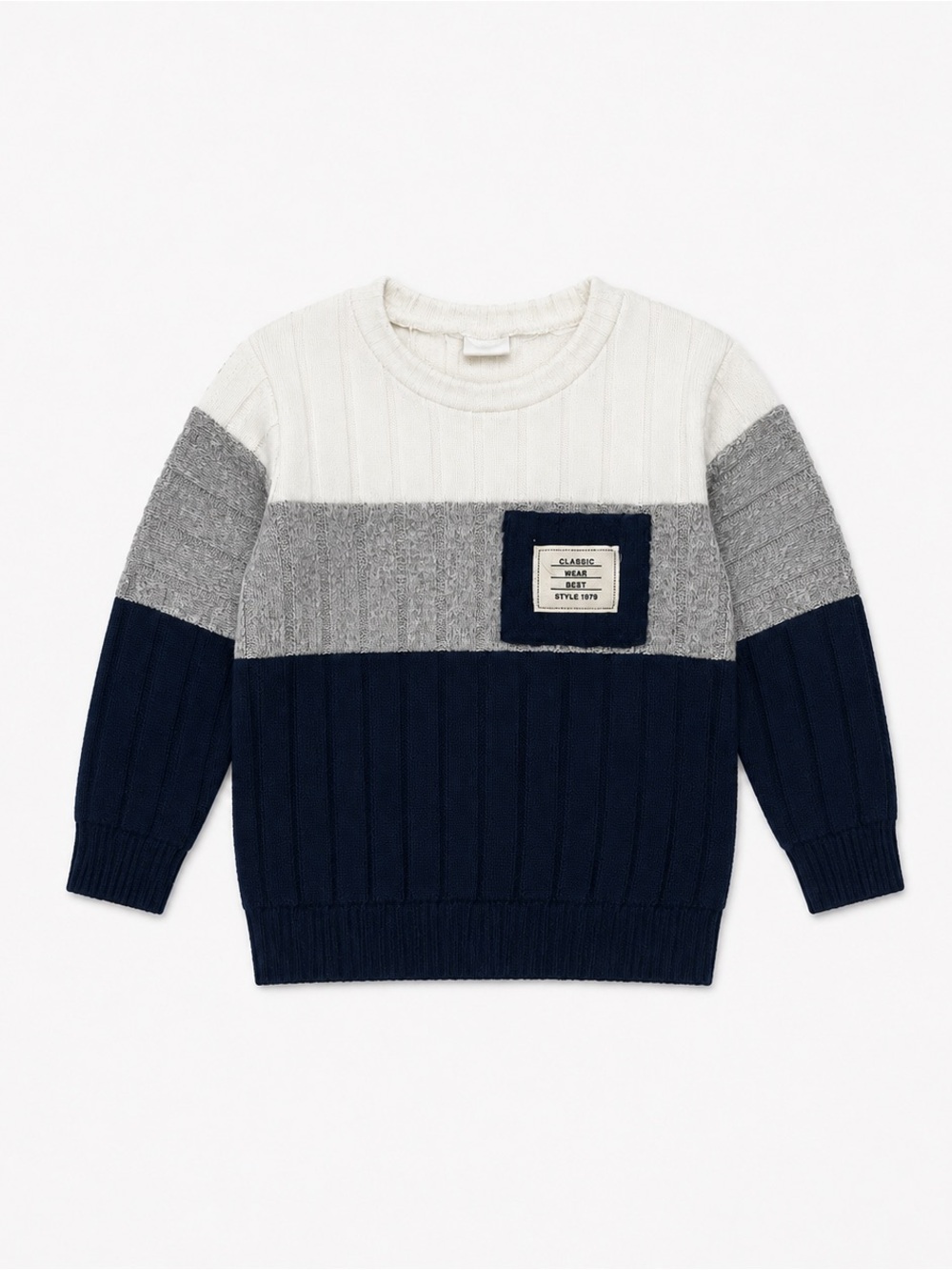 Colorblock Rib-Knit Long Sleeve Sweater - Navy, Gray & Cream